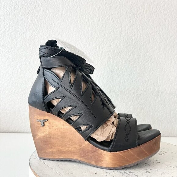 NEW Lane Boots BECCA Womens Black Wedges 7.5 Western Sandals Cowgirl Leather - Picture 2 of 11